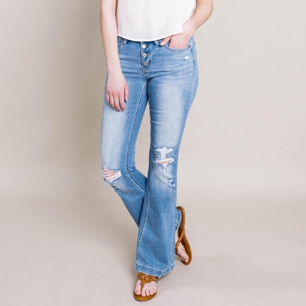 KANCAN Harlowe Mid Rise Distressed Flare Jeans